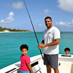 Caribbean Holidays, September Fishing, A smiling family and experienced local skipper preparing fishing tackle aboard a boat beside the Saint Martin coastline