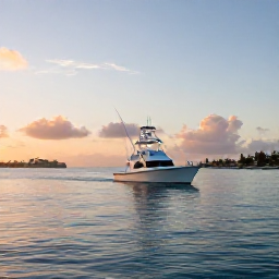 Caribbean Holidays, September Fishing, A sport fishing boat leaving a calm Caribbean harbour at sunrise near Saint Martin and Sint Maarten