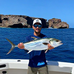 Caribbean Holidays, September Fishing, Angler fighting a strong fish from a charter boat with Cura&ccedil;ao&rsquo;s blue sea and rugged coastline behind