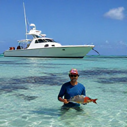 Caribbean Holidays, September Fishing, Angler landing a colourful reef fish beside a charter boat over shallow coral water in Turks and Caicos