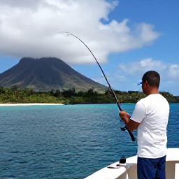 Caribbean Holidays, September Fishing, Angler standing on a boat off Montserrat with a bent fishing rod, tropical sea and volcanic coastline behind