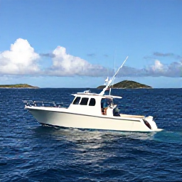 Caribbean Holidays, September Fishing, Anglers fishing from a modern boat in deep blue Caribbean water, with distant Grenadine islands under a bright September sky