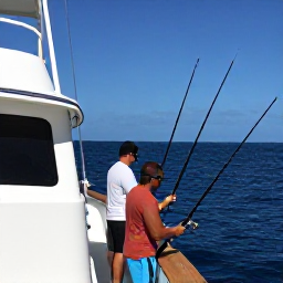 Caribbean Holidays, September Fishing, Anglers fishing from a modern charter boat off Tobago, rods set up and blue water stretching towards the horizon