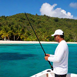 Caribbean Holidays, September Fishing, Friendly local fishing guide helping visitors prepare rods on a boat beside a lush Caribbean island