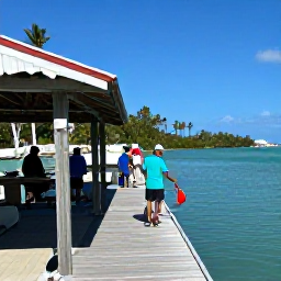Caribbean Holidays, September Fishing, Relaxed anglers on a shaded marina in Providenciales after a fishing trip, with turquoise sea and palm trees in the background
