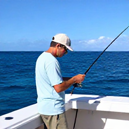 Caribbean Holidays, September Fishing, Sport fishing charter travelling across deep blue ocean off Grand Turk, Turks and Caicos, with an angler preparing tackle