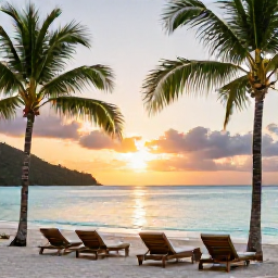 Caribbean Holidays, September Getaway, A relaxed adults-only beachfront resort in the United States Virgin Islands at sunset, with palm trees, calm turquoise water and comfortable loungers