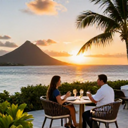 Caribbean Holidays, September Getaway, Elegant adults-only restaurant terrace overlooking the Caribbean in the United States Virgin Islands, with a couple dining at sunset