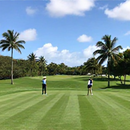 Caribbean Holidays, September Golf Holidays, A lush Trinidad golf course in September with palm trees, tropical greenery and golfers enjoying a relaxed round