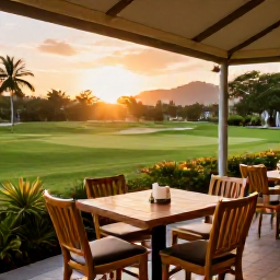 Caribbean Holidays, September Golf Holidays, A relaxed outdoor Caribbean restaurant beside a golf course at sunset in Trinidad and Tobago
