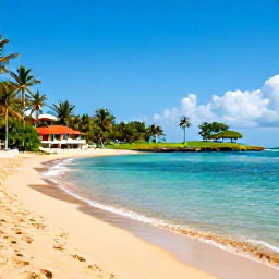 Caribbean Holidays, September Golf Holidays, A Trinidad and Tobago beach near a golf resort in September, with calm turquoise water, golden sand and tropical vegetation