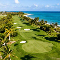 Caribbean Holidays, September Golf Holidays, Aerial view of a lush Cayman Islands golf course beside turquoise Caribbean water in September sunshine