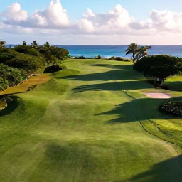 Caribbean Holidays, September Golf Holidays, Aerial view of a lush Puerto Rico golf course beside the Caribbean Sea in warm September sunshine