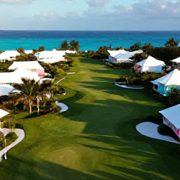 Caribbean Holidays, September Golf Holidays, Aerial view of Bermuda's lush golf courses, turquoise sea and pastel-coloured coastal buildings in warm September sunshine