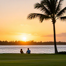 Caribbean Holidays, September Golf Holidays, Couple enjoying a calm September evening on Grand Cayman waterfront with palm trees and Caribbean sunset