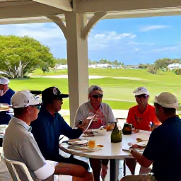 Caribbean Holidays, September Golf Holidays, Friendly golfers enjoying a relaxed clubhouse lunch after a round, with Bermuda scenery visible through the windows