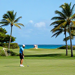 Caribbean Holidays, September Golf Holidays, Golfer beside a palm-fringed Caribbean golf course in Puerto Rico, with a distant ocean view
