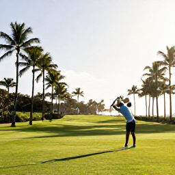 Caribbean Holidays, September Golf Holidays, Golfer playing on a tropical Puerto Rico fairway lined with palm trees under bright morning light