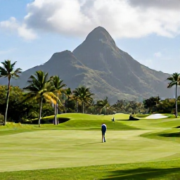 Caribbean Holidays, September Golf Holidays, Golfers approaching a scenic Caribbean green in Trinidad with mountains, palm trees and soft September sunshine