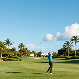 Caribbean Holidays, September Golf Holidays, Golfers teeing off on a tropical Cayman Islands course with palm trees and bright blue sky