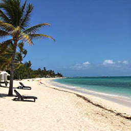 Caribbean Holidays, September Golf Holidays, Quiet white-sand beach on Grand Cayman with palm trees, calm turquoise water and a few sun loungers