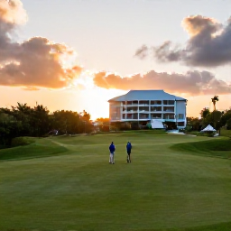 Caribbean Holidays, September Golf Holidays, Relaxed seaside hotel in Bermuda at sunset, with golfers arriving after a day on the course