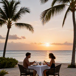 Caribbean Holidays, September Holidays, A couple enjoying a relaxed sunset dinner at a Dominican Republic all-inclusive resort, with soft evening light, palm trees and the Caribbean sea nearby