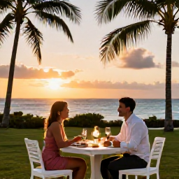 Caribbean Holidays, September Holidays, A couple enjoying a sunset dinner at an all-inclusive resort in Saint Kitts, with soft evening light, palm trees and the Caribbean Sea