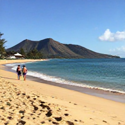 Caribbean Holidays, September Holidays, A peaceful golden beach on Nevis with volcanic hills in the background, calm Caribbean water and a couple walking along the shoreline
