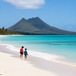 Caribbean Holidays, September Holidays, A relaxed family enjoying a quiet tropical beach on Montserrat in September, with green volcanic hills in the distance