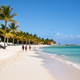 Caribbean Holidays, September Holidays, A wide sandy beach at Bavaro in Punta Cana, Dominican Republic, with coconut palms, clear Caribbean water and visitors walking along the shore
