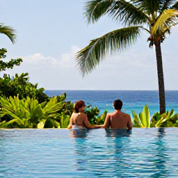 Caribbean Holidays, September Holidays, Adult couple relaxing beside an infinity pool at a peaceful Trinidad and Tobago resort in September, tropical greenery and calm Caribbean atmosphere