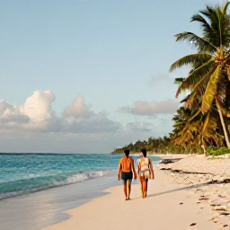 Caribbean Holidays, September Holidays, Couple walking along a quiet sandy beach in Tobago during September, turquoise sea, palm trees and soft late afternoon light