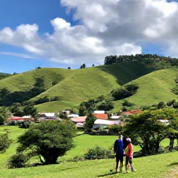 Caribbean Holidays, September Holidays, Dominican Republic countryside with green hills, a small village and travellers exploring outdoors beneath a bright September sky