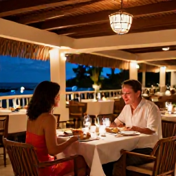 Caribbean Holidays, September Holidays, Elegant adults-only restaurant in Tobago serving Caribbean dinner, couples dining outdoors beneath warm evening lights