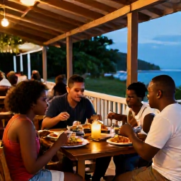 Caribbean Holidays, September Holidays, Family eating a relaxed Caribbean meal at a small outdoor restaurant in Montserrat during a warm September evening