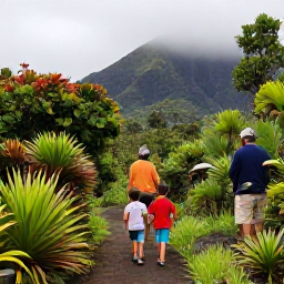 Caribbean Holidays, September Holidays, Family walking through lush Montserrat rainforest on a guided nature trail, with tropical plants and misty volcanic hills