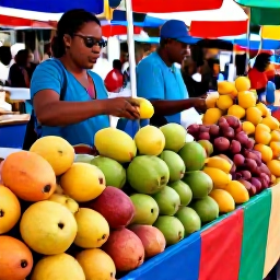Caribbean Holidays, September Holidays, Fresh tropical fruit, Trinidadian street food and colourful market stalls in a lively Caribbean market