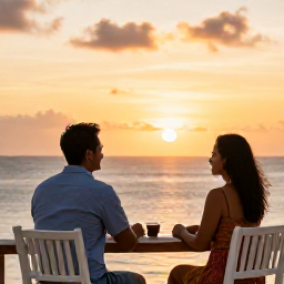 Caribbean Holidays, September Holidays, Happy couple enjoying a quiet sunset from an adults-only Tobago resort balcony, Caribbean sea and warm golden sky