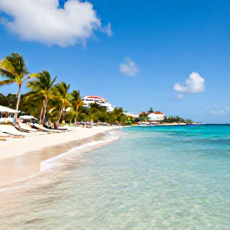 Caribbean Holidays, September Holidays, Quiet Caribbean beach on Saint Martin in September, clear shallow water, palm trees, sun loungers and a relaxed holiday atmosphere