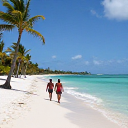 Caribbean Holidays, September Holidays, Quiet Dominican Republic beach with turquoise water, palm trees and a couple walking along the shore in September
