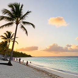 Caribbean Holidays, September Holidays, Quiet Tobago beach at sunset with turquoise sea, palm trees and a few holidaymakers enjoying the shore