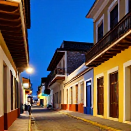Caribbean Holidays, September Holidays, Santo Domingo colonial street with colourful buildings, balconies and pedestrians enjoying an evening in September