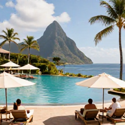 Caribbean Holidays, September Holidays, Stylish Saint Lucia all inclusive resort with pool, palm trees, sun loungers and guests enjoying a relaxed September afternoon