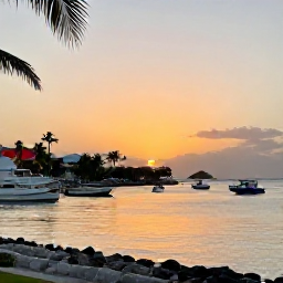 Caribbean Holidays, September Holidays, Sunset over Sint Maarten harbour with small boats, palm-fringed waterfront, warm evening sky and relaxed Caribbean holiday mood