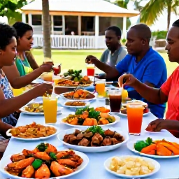 Caribbean Holidays, September Holidays, Traditional Caribbean food served at a friendly outdoor gathering on Saint Kitts, with fresh seafood, colourful vegetables and local drinks