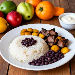 Caribbean Holidays, September Holidays, Traditional Dominican meal of rice, beans, plantain and grilled meat on a rustic table with colourful local ingredients