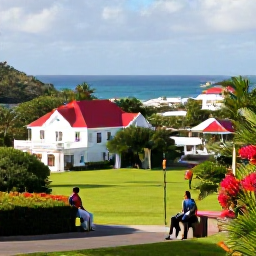 Caribbean Holidays, September Holidays, Travellers enjoying a calm cultural holiday on Saint Kitts, with historic buildings, tropical greenery and the Caribbean Sea in the background