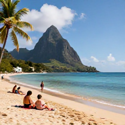 Caribbean Holidays, September Holidays, Visitors relaxing on a golden Saint Lucia beach with calm turquoise water, palm trees and the Pitons visible in the distance