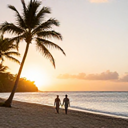 Caribbean Holidays, September Honeymoons, A couple walking hand in hand along a quiet Saint Lucia beach at sunset, with palm trees and the Caribbean Sea